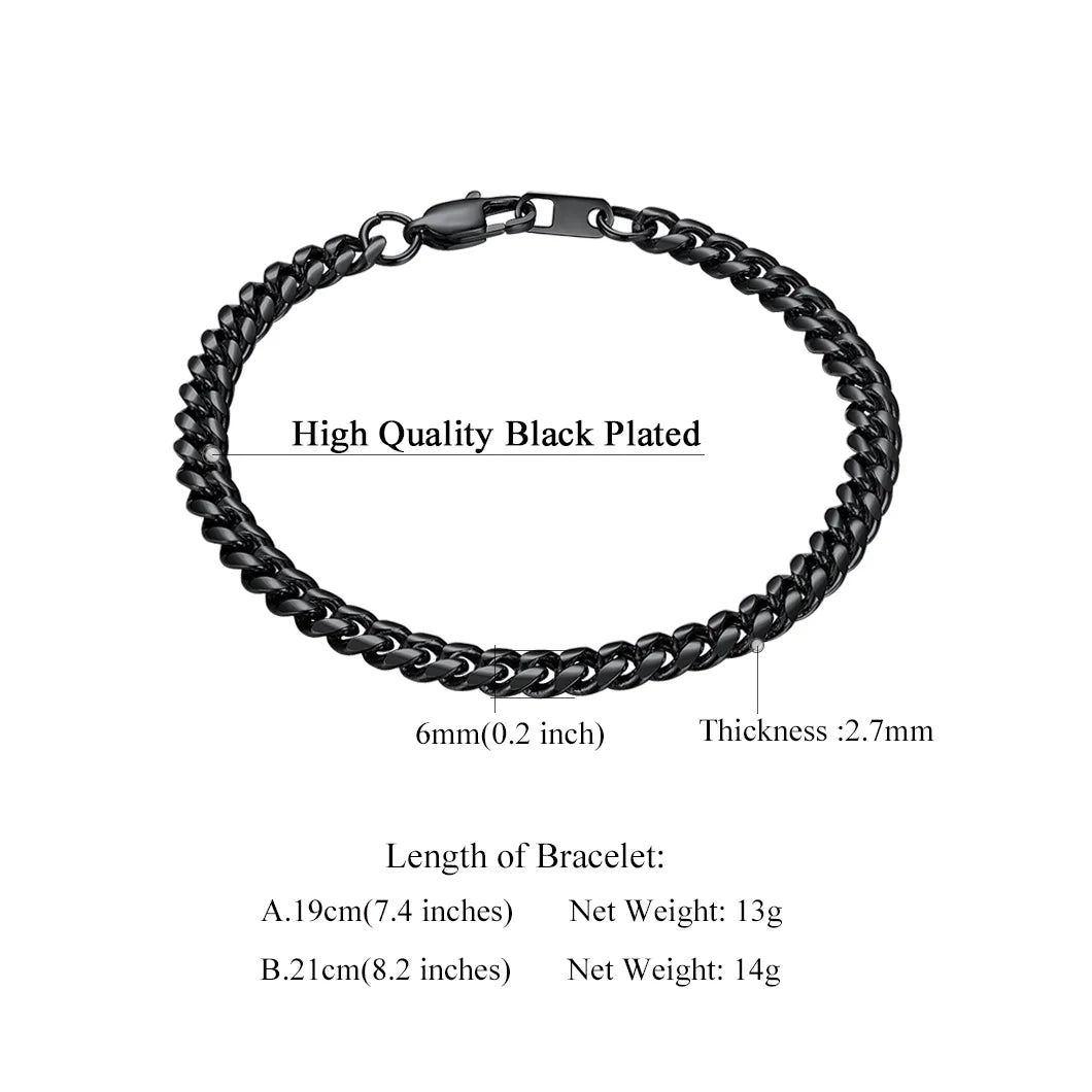 Cuban Link Black 6MM Wide Chain Bracelets Punk Mens Women Jewelry Gift, 19" Length